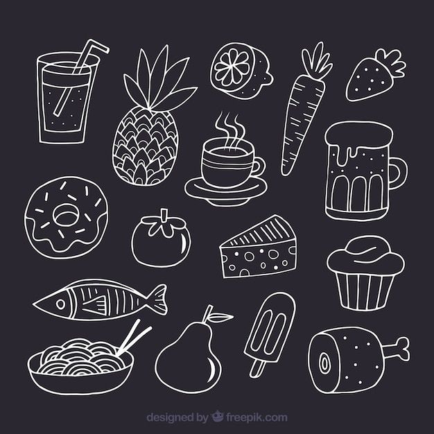 various food items drawn in white on a black background