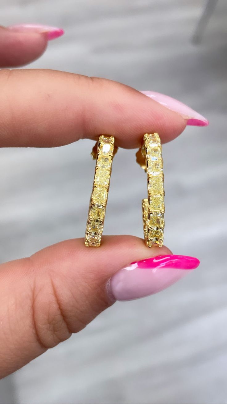 Gorgeous 5.37ct yellow diamond hoops with 32 Fancy Yellow VS Radiants 18kt Yellow Gold 1.5 inch Fancy Yellow Diamond, Light Yellow, Yellow Diamond, Platinum, Yellow Gold, Yellow, Gold