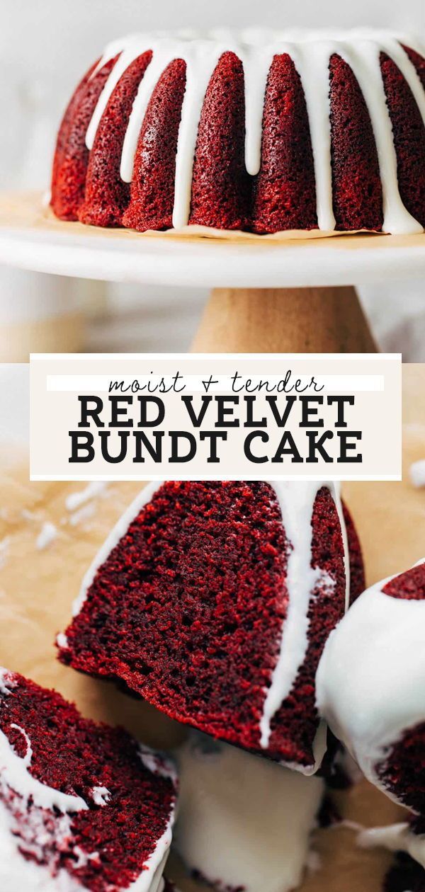 red velvet bundt cake with white frosting on top