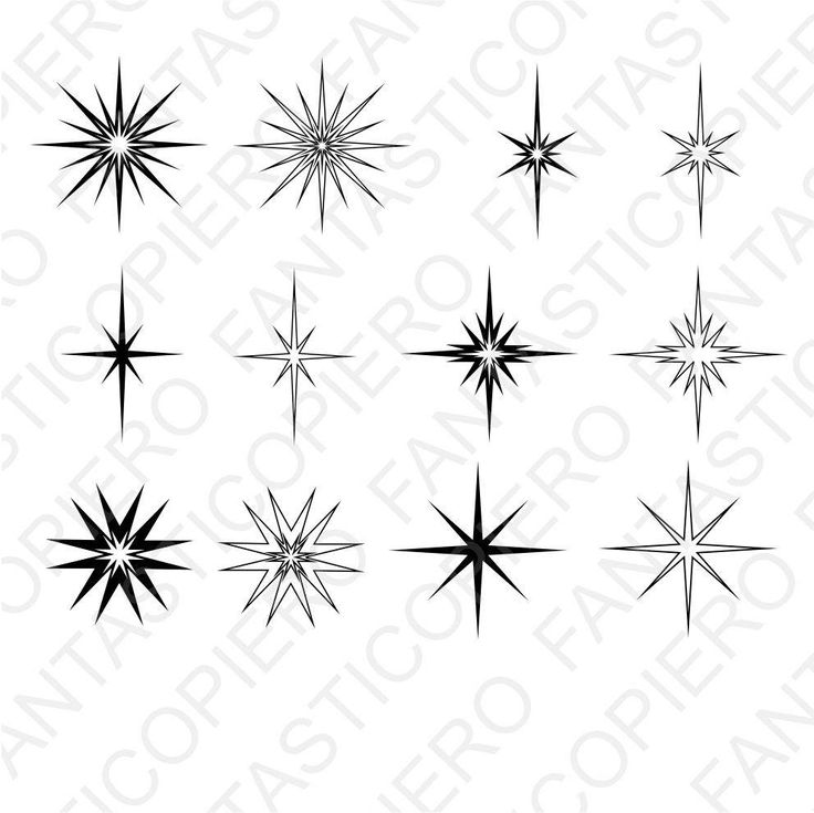 six star shapes in black and white, each with different angles to the same point