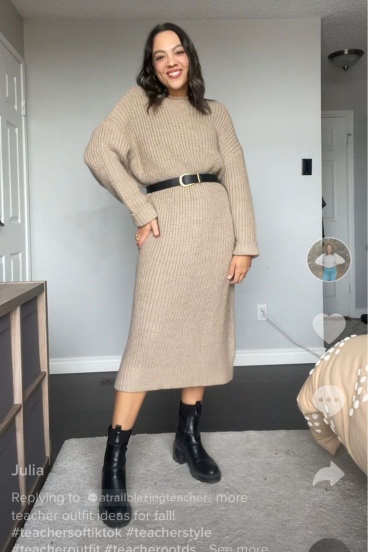 Rib-knit Dress curated on LTK Knit Dress Mid Size, Knitted Long Dress Outfit, Knit Dress Office Outfit, Knit Dress Work Outfit, Cream Knit Dress Outfit Winter, Knitted Dress With Belt, Winter Dress Knitted, Knitted Dresses For Women Winter, Cream Knitted Dress Outfit