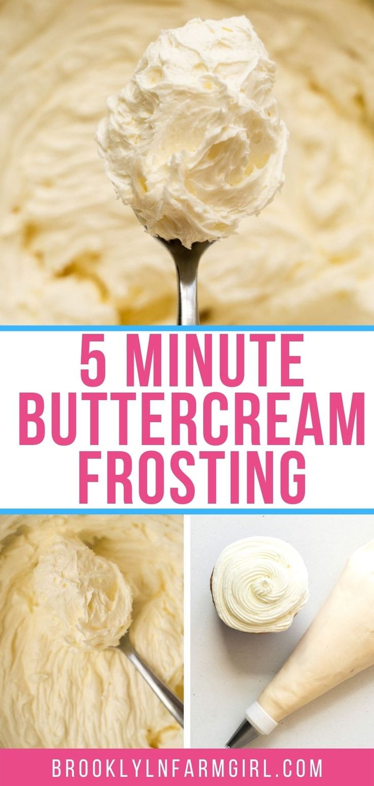 a spoon full of frosting with the words 5 minute buttercream frosting