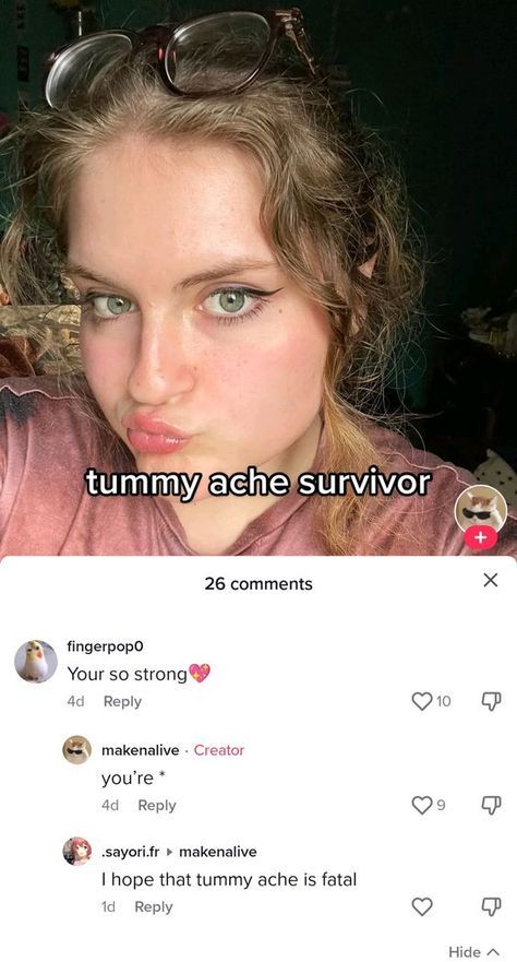 a woman with glasses on her face and the caption tummy acne survivor