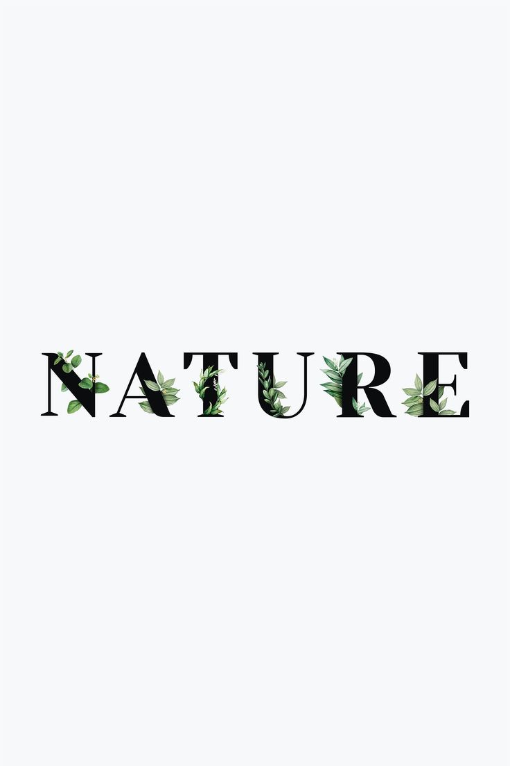 the word nature written in black and white with green leaves on it's sides