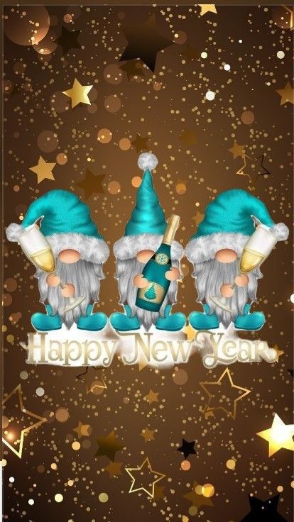 two happy new year gnomes on a brown background with gold stars and confetti