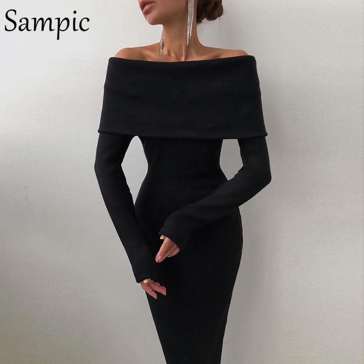 Sampic Casual Elegant Off Shoulder Woman Cotton Sexy Long Off Shoulder – Girlfairy Off Shoulder Wrap Dress, Bodycon Sweater, Shoulder Wrap, فستان سهرة, Elegantes Outfit, Sweater Dress Midi, Hip Dress, Black Bodycon Dress, Long Sleeve Bodycon