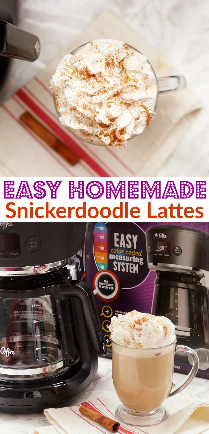 there is a cup of coffee with whipped cream in it and the words easy homemade snickkerdoodle latte