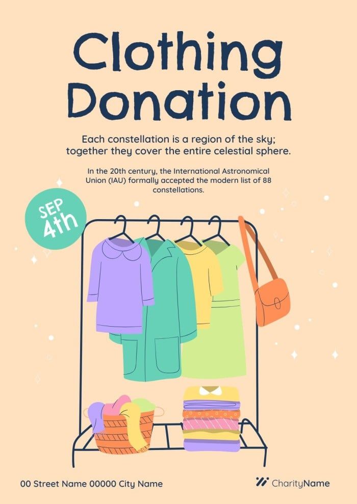 an advertisement for clothing donation with clothes on racks