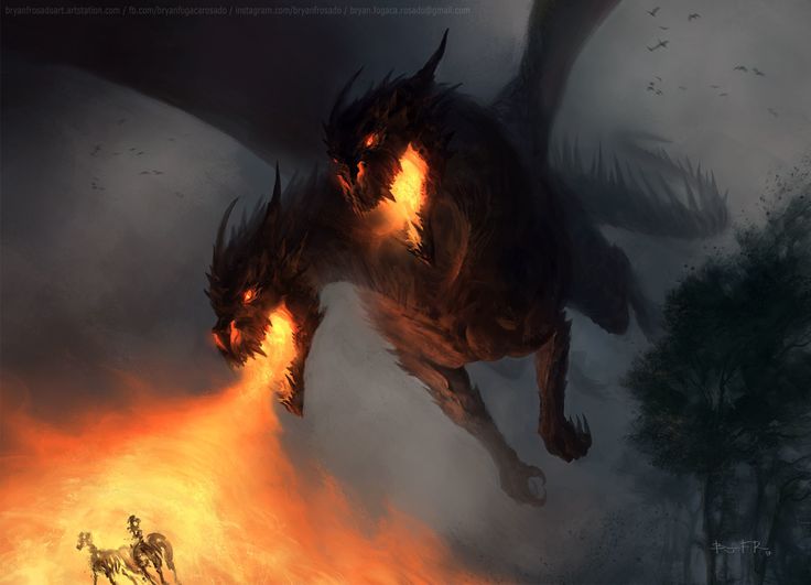 a man riding a horse next to a giant fire breathing dragon