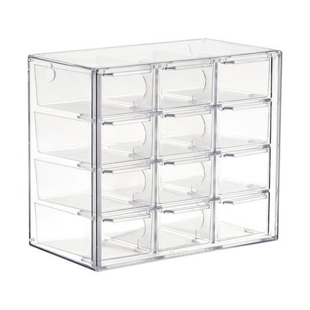 a clear plastic drawer with six drawers on each side and four sections in the middle