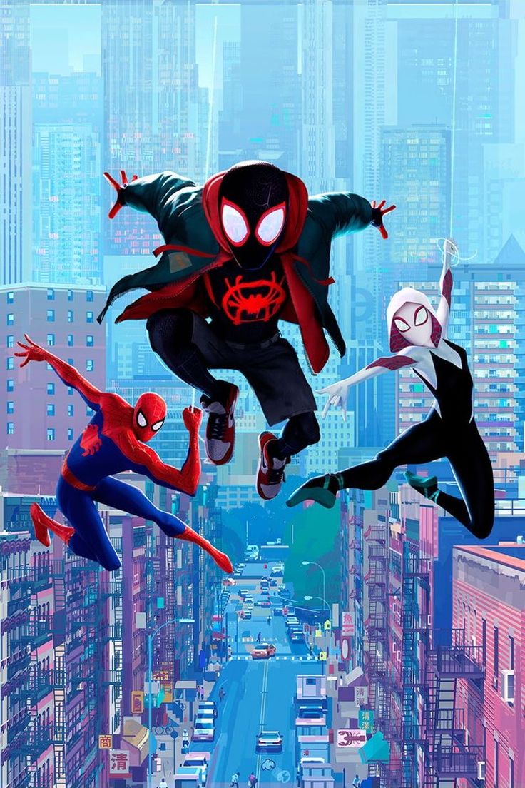 spider - man into the spider - verse is flying through the air over a city