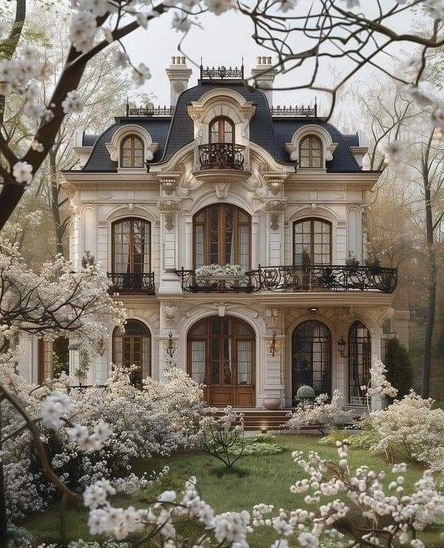 a large white house surrounded by trees and flowers