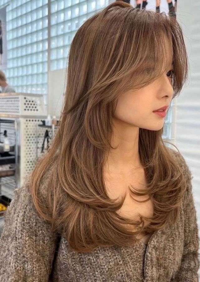 Butterfly Haircut Front And Back, Butterfly Haircut From The Back, Korean Butterfly Haircut, Airy Haircut, Korean Layered Haircut, Butterfly Haircut With Curtain Bangs, Korean Haircut Long, Airy Bangs, Popular Hair Colors