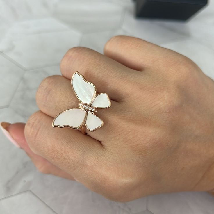 New, Authentic Butterfly Ring By Effy Us Size - 7 Condition - Nee With Tags Stunning 14k Rose Gold Ring With Diamond And Mother-Of-Pearl Accents. Mother-Of-Pearl Diamonds, 0.03 Tcw 14k Rose Gold Slip-On Style Made In Usa Size Width, About 0.75" Retail Price $2,120 Plus Taxes Luxury White Butterfly Ring For Formal Occasions, Luxury White Butterfly Ring For Formal Events, Elegant White Butterfly Ring For Formal Occasions, Elegant White Butterfly Ring For Wedding, White Diamond Butterfly Ring In Fine Jewelry Style, White Diamond Butterfly Ring Fine Jewelry, Elegant Rose Gold Butterfly Open Ring, Elegant Rose Gold Butterfly Ring, White Diamond Butterfly Ring For Anniversary