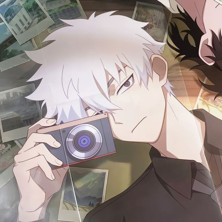 an anime character holding a camera up to his face