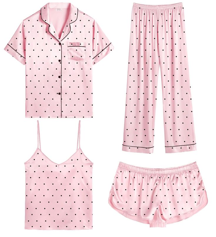 PRICES MAY VARY. 【Premium Material】--- This 4 piece pajama set is made of high-quality satin(95% Polyester, 5% Spandex), which is very soft, lightweight, and comfortable. This lightweight pajama set has a silky texture that will make you feel smooth and shiny, never pilling or fading, and help you sleep well, dreamlike. 【4Pcs Pajama Set】--- Women 4 pcs pjs sets include spaghetti strap cami top, a button-down short sleeve sleepshirt, a pair of shorts, a pair of long pants. This four-piece sets fo Amazon Silk Pajamas, Pink Satin Pajama Set, Pajama Set Amazon, Pajama Set Aesthetic, Girly Pjs, Pajamas Preppy, Girly Pajamas, Christmas Gift Ideas Women, Cute Pajamas For Women