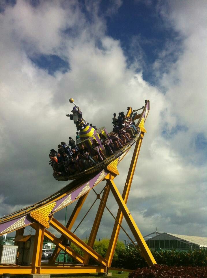 a roller coaster with people riding it on a cloudy day at an amusement park,