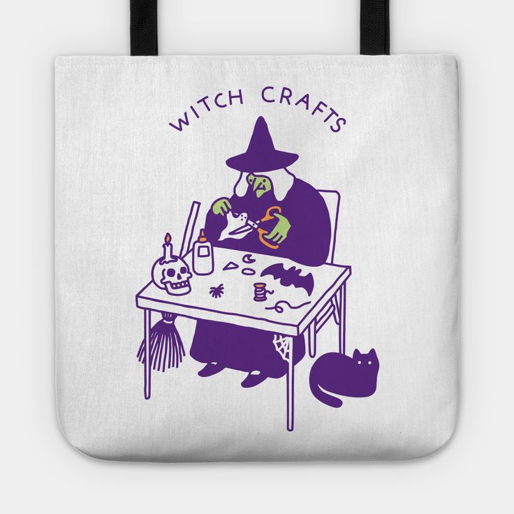 a tote bag with an image of a witch sitting at a desk