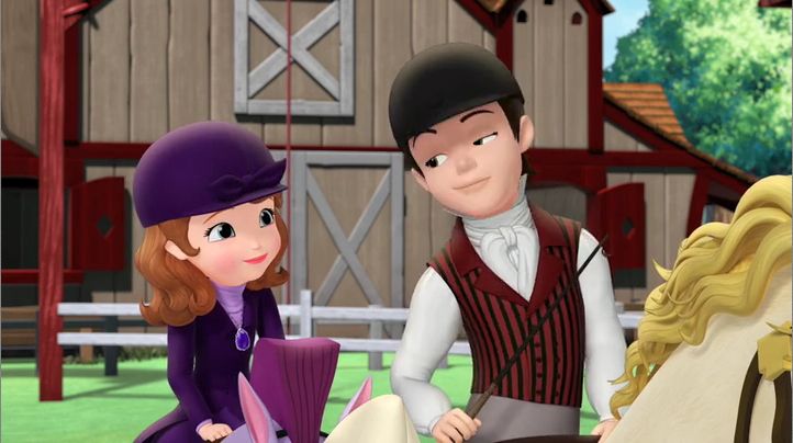 an animated image of two people talking to each other in front of a horse stable