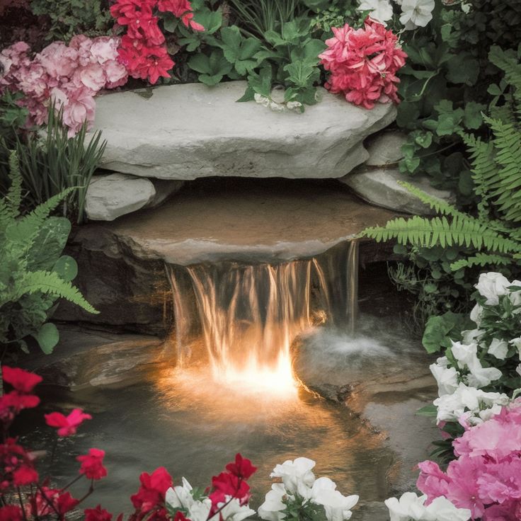 a small waterfall in the middle of a garden with pink and white flowers around it