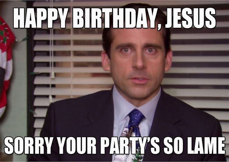 a man wearing a suit and tie in front of a christmas stocking with the words happy birthday, jesus sorry your party's so lame