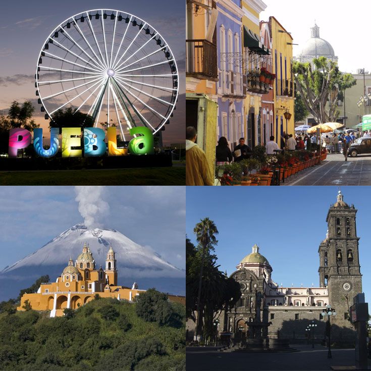 there are four different pictures that show the various things in this city, including buildings and a ferris wheel