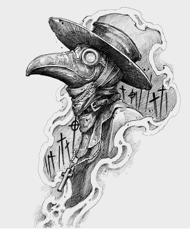 a black and white drawing of a bird wearing a hat with words written on it