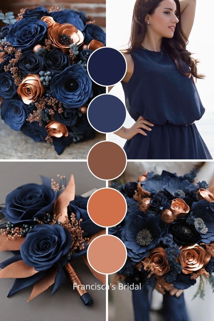 an image of a woman holding a bridal bouquet with blue flowers and copper accents