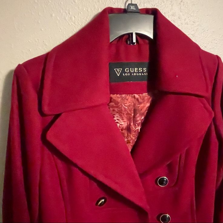 Guess Womens Red Coat Nwot Size:S Red Outerwear With Lapel Collar For Fall, Red Lapel Collar Outerwear For Fall, Elegant Fitted Red Pea Coat, Red Outerwear With Lapel Collar And Buttons, Red Lapel Collar Outerwear With Buttons, Fitted Red Long Pea Coat, Red Winter Formal Pea Coat, Red Formal Winter Pea Coat, Red Outerwear With Button Closure And Lapel Collar