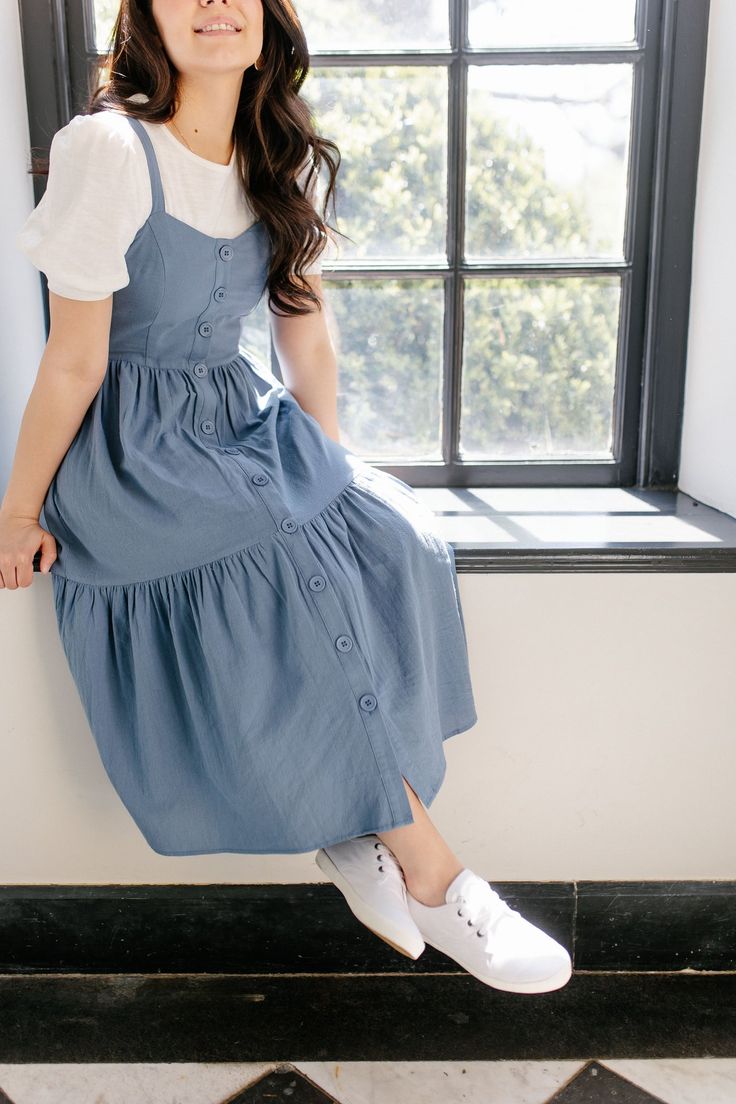 Introducing the 'Byrdie' pinafore midi dress ��– a sophisticated and charming piece that carries an essence of nostalgia. Pair with a fitted blouse and white sneakers for a playful look for a brunch with friends or a day at the farmer's market! 60% Cotton 40% Polyester Hand Wash Cold  Do Not Bleach  Lay Flat to Dry  Low Empowering Quotes For Women, Simple Frock Design, Simple Frocks, Lululemon Outfits, Quotes For Women, Statement Fashion, Cute Dress Outfits, Trendy Dress Outfits, Everyday Fashion Outfits