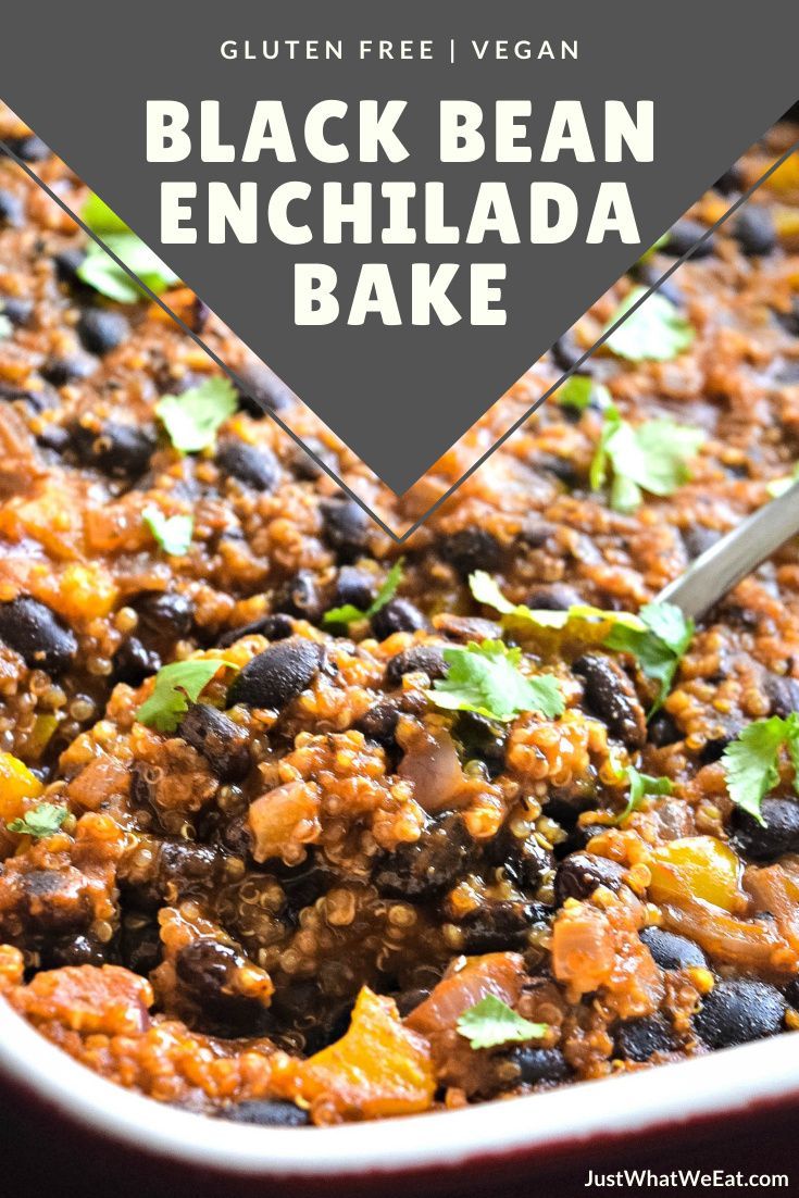 black bean enchilada bake in a baking dish with text overlay