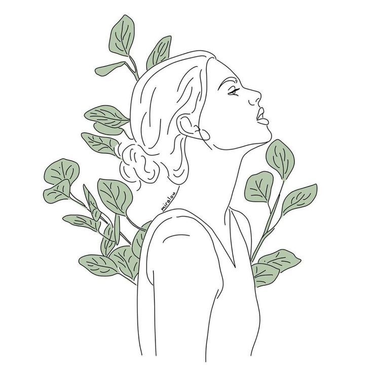 a line drawing of a woman's profile with leaves on her head and shoulders