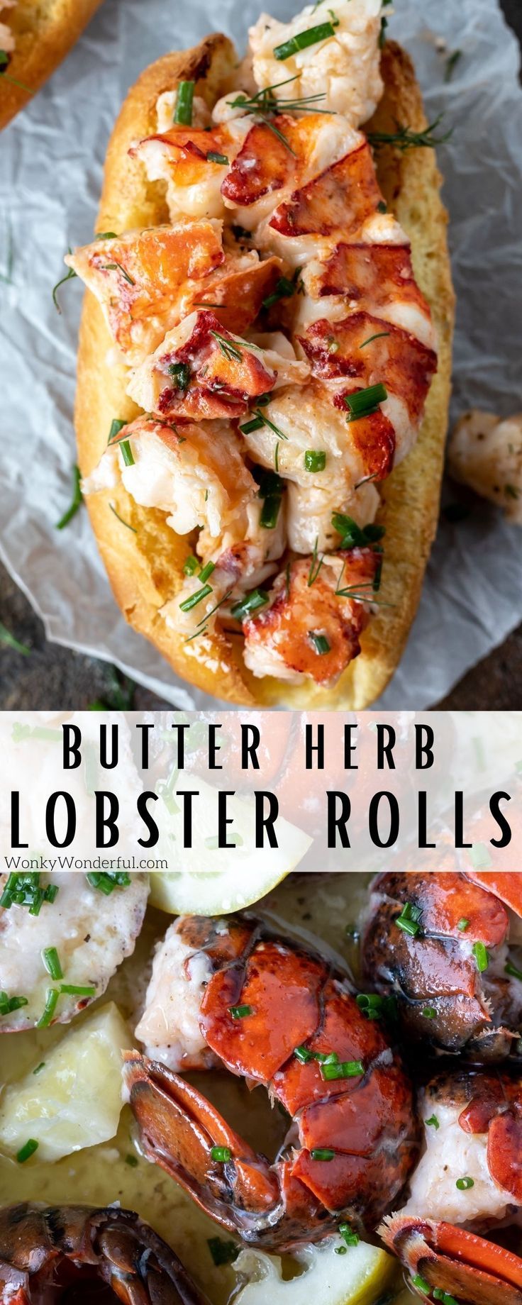 lobsters and other seafood on bread with herbs in the middle, along with text overlay that reads butter herb lobster rolls