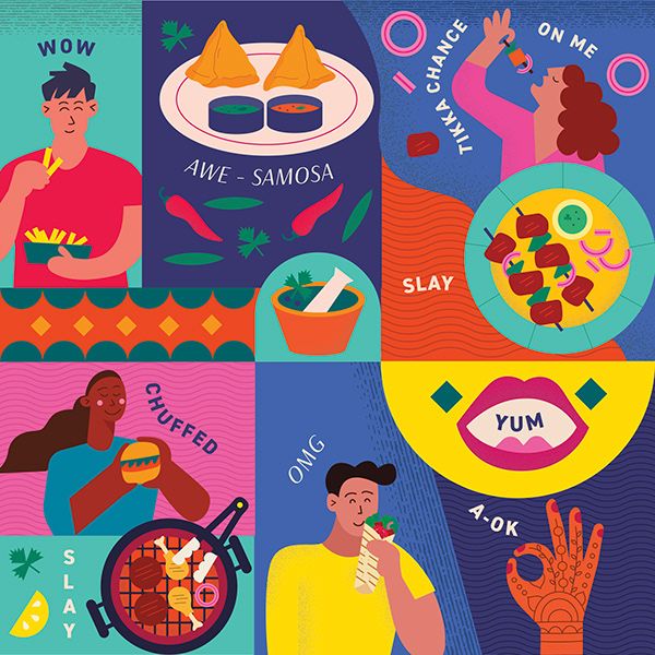 an illustrated poster with people eating and drinking