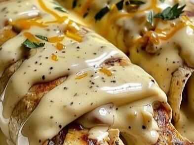 some food is covered with cheese and sauce