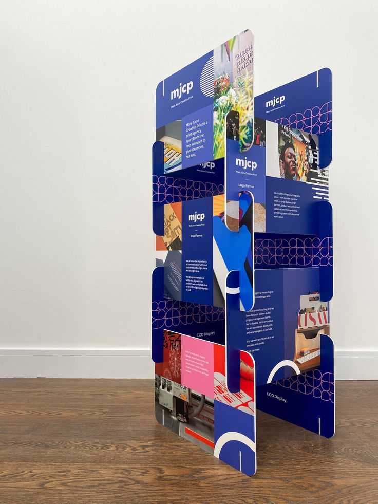 a large blue display with pictures on it's sides and the words info printed on them