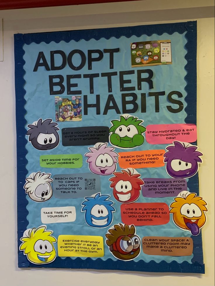 a bulletin board with different types of cartoon characters on it that says adopt better habitats