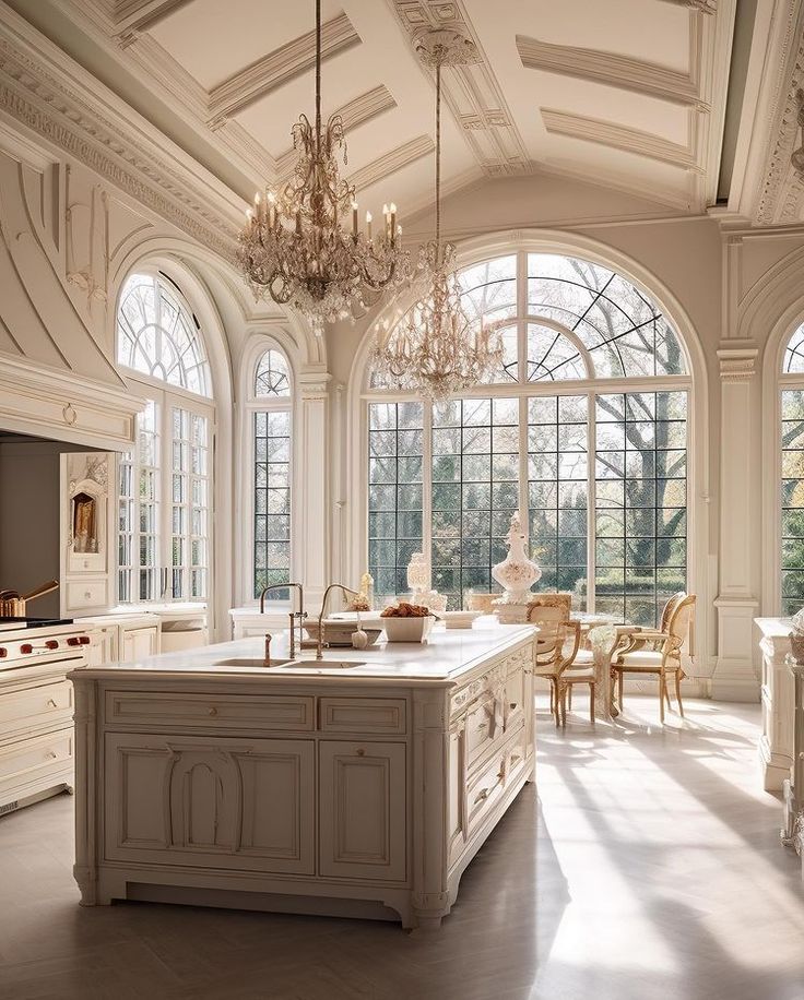 a large kitchen with an island and chandelier hanging from the ceiling in front of windows