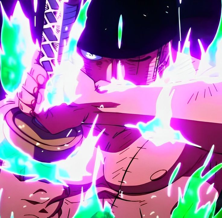 an anime character with green and purple flames