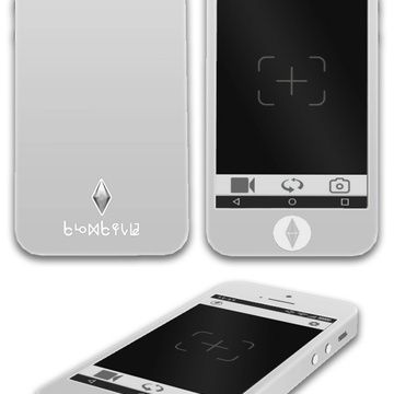 an image of a cell phone that is white and has black on the back side