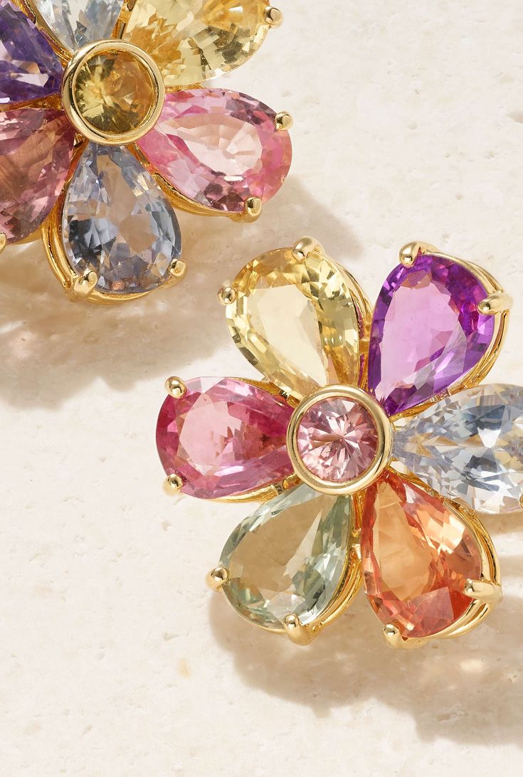 Luxury Multicolor Earrings With Gemstone Accents, Luxury Hand-set Multicolor Earrings, Luxury Multicolor Drop Earrings, Luxury Rainbow Fine Jewelry Earrings, Multicolor Gemstone-accented Fine Jewelry Earrings, Dressy Hats, Flower Tops, Sapphire Earrings, White Shoes