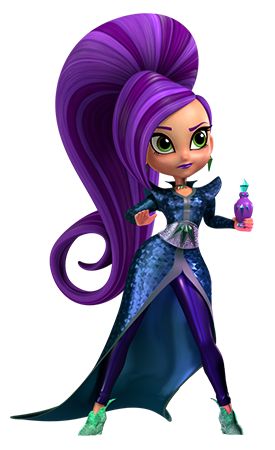 a cartoon character with purple hair holding a bottle