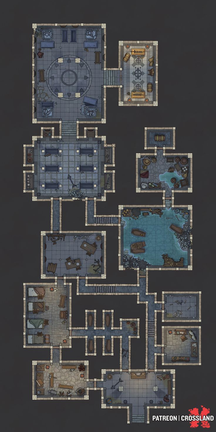 the floor plan for an apartment building with several rooms and bathrooms, including a swimming pool