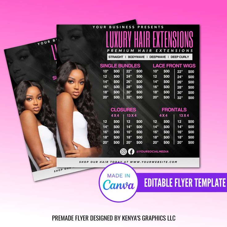 two flyers for luxury hair extensions, one with an image of the same woman on it