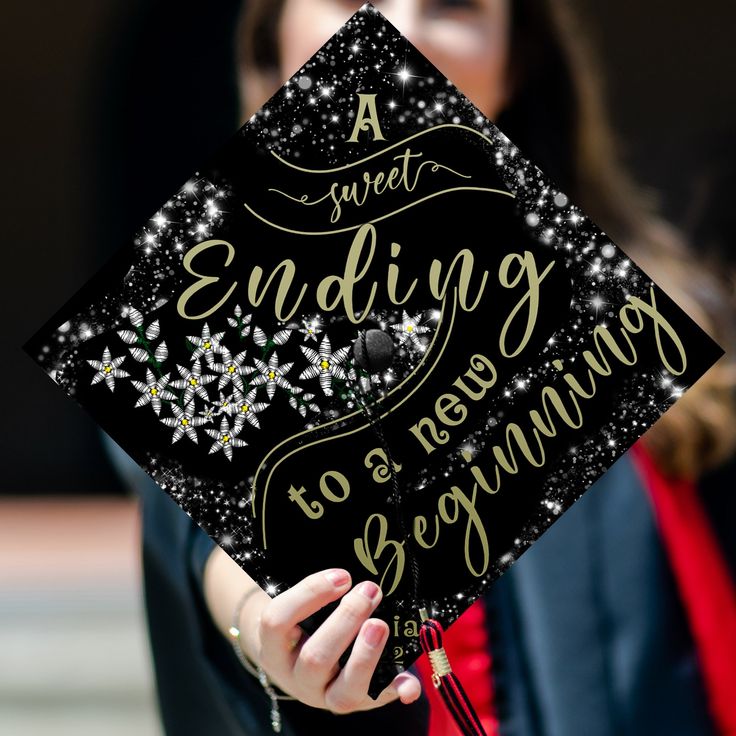 a black and gold graduation cap that says, a great ending to a new beginning