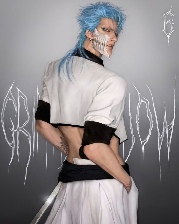 a man with blue hair wearing a white and black outfit