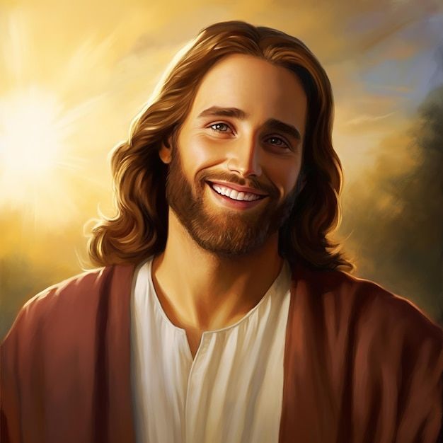 a painting of jesus smiling for the camera