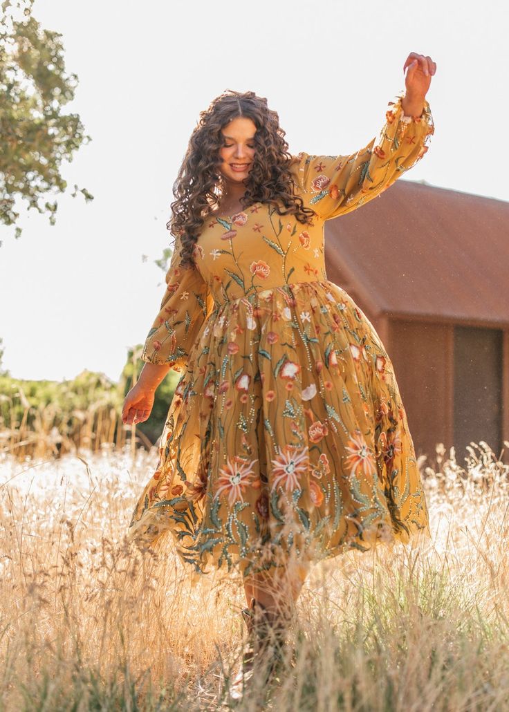 Gold Flowy Dress For Spring, Flowy Gold Dress For Spring, Gold Floral Embroidery Dress For Spring, Yellow Floral Embroidered Dress For Spring, Yellow Long Sleeve Embroidered Dress For Spring, Yellow Long Sleeve Embroidered Spring Dress, Mustard Dresses For Fall Brunch, Mustard Dress For Fall Brunch, Country Chic Aesthetic