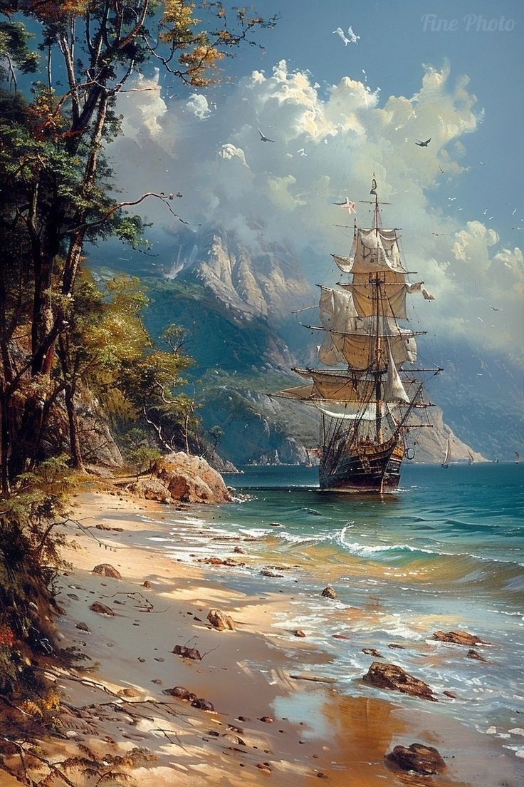 a painting of a ship sailing on the ocean