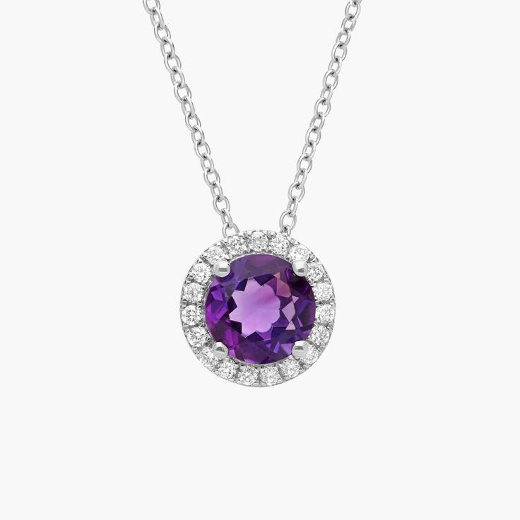 Capture your ray of starlight when layering on this striking 14k white gold pendant necklace. Its perfectly round amethyst baths in the light of a white diamond halo creating a beautiful interplay of sparkle and color. White Gold Pendant Necklace, Precious Gemstones Jewelry, White Gold Pendant, Halo Pendant, Amethyst Pendant, Diamond Halo, Gold Pendant Necklace, Halo Diamond, Semi Precious Gemstones